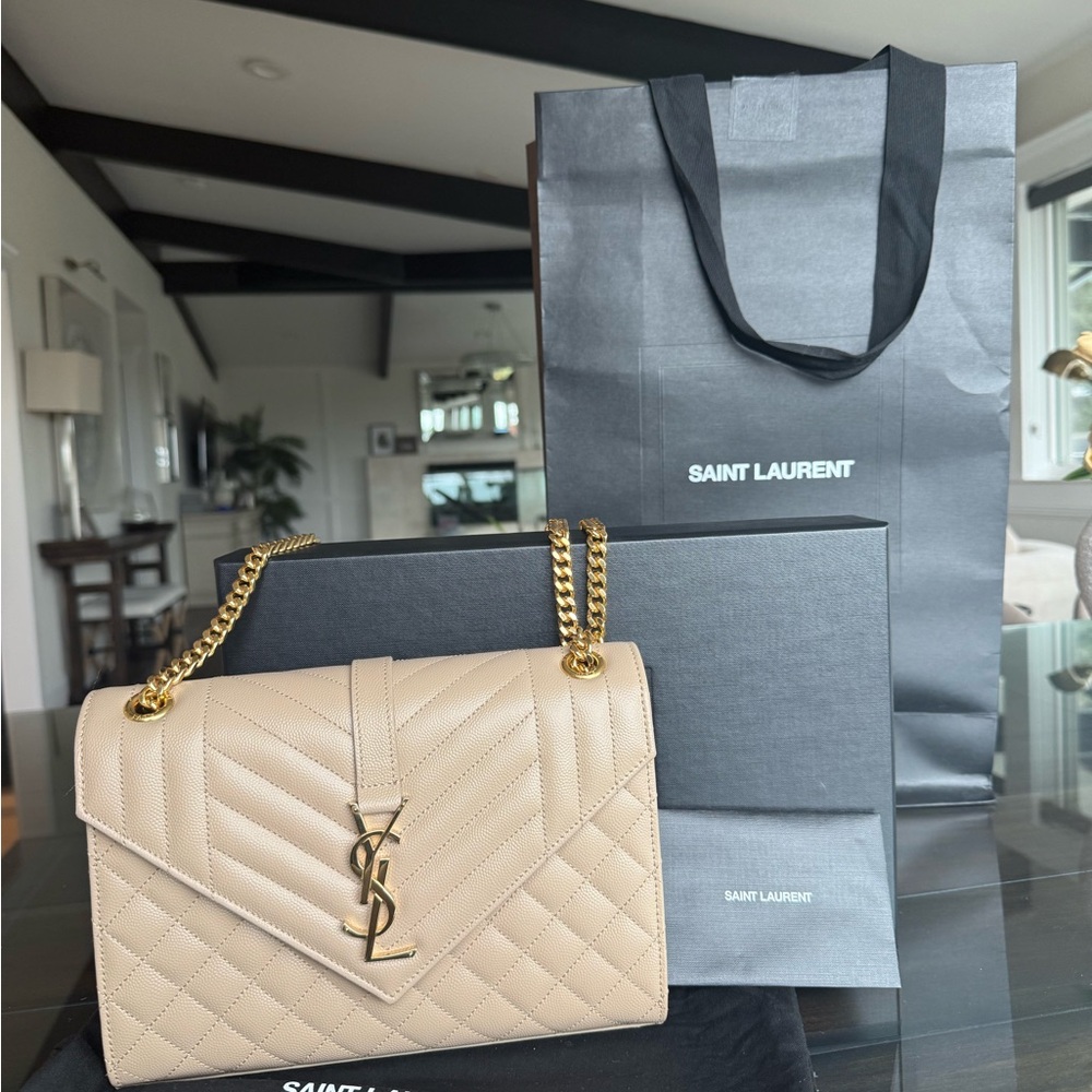 YSL Saint Laurent Envelope Medium Tan Quilted Shoulder Bag with Gold Chain.